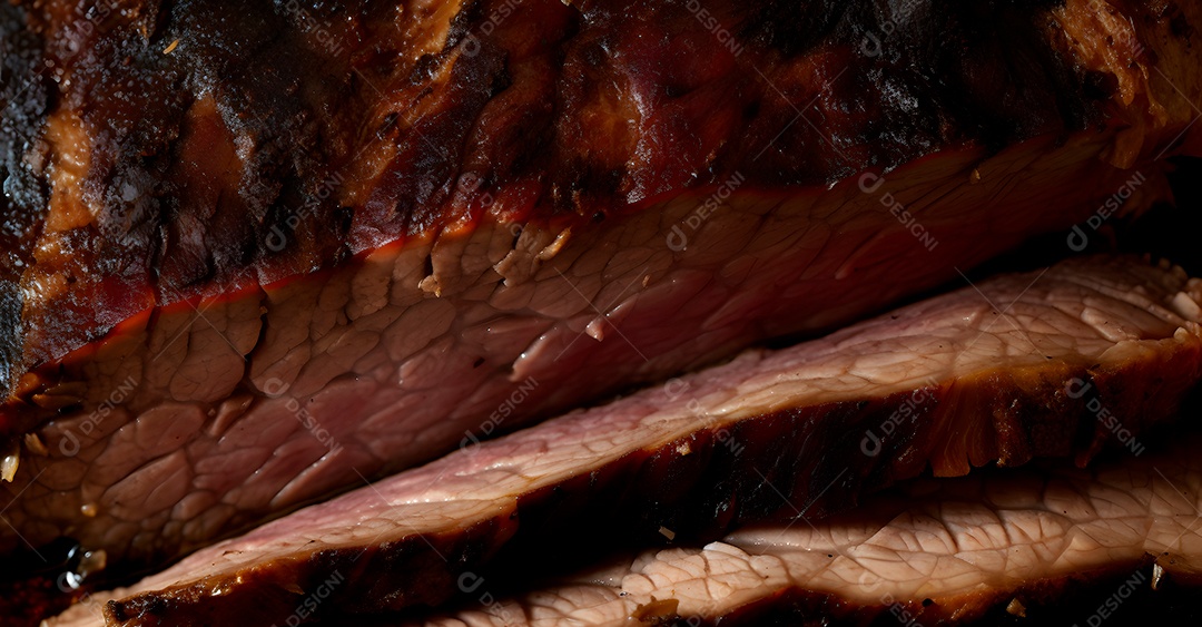 Visão aproximada de um pedaço grande e tentador de carne recém-assada