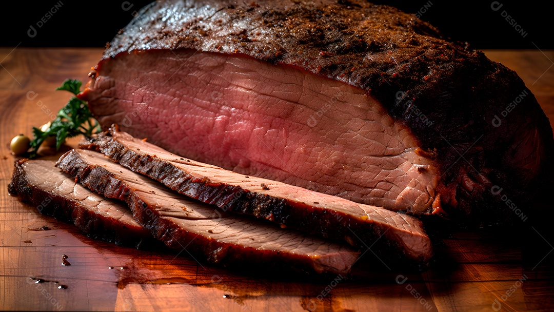 Visão aproximada de um pedaço grande e tentador de carne recém-assada