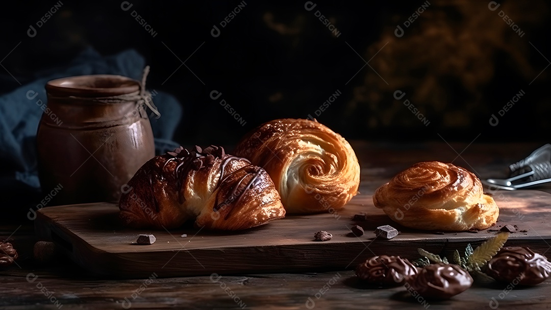 Croissant doce fresquinho, folhado, com chocolate, sobre uma tábua de madeira