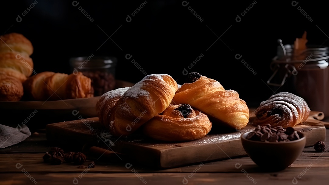 Croissant doce fresquinho, folhado, com chocolate, sobre uma tábua de madeira