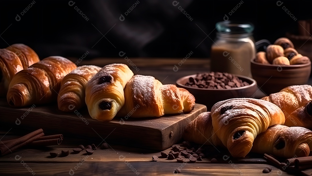 Croissant doce fresquinho, folhado, com chocolate, sobre uma tábua de madeira