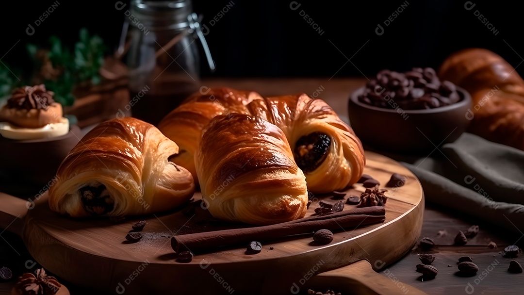 Croissant doce fresquinho, folhado, com chocolate, sobre uma tábua de madeira