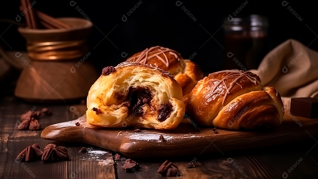 Croissant doce fresquinho, folhado, com chocolate, sobre uma tábua de madeira