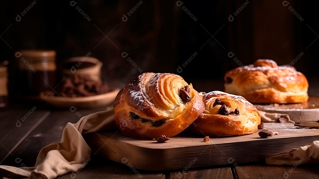 Croissant doce fresquinho, folhado, com chocolate, sobre uma tábua de madeira