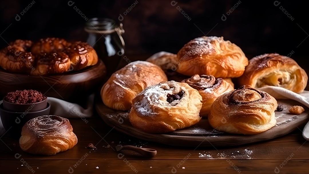 Croissant doce fresquinho, folhado, com chocolate, sobre uma tábua de madeira
