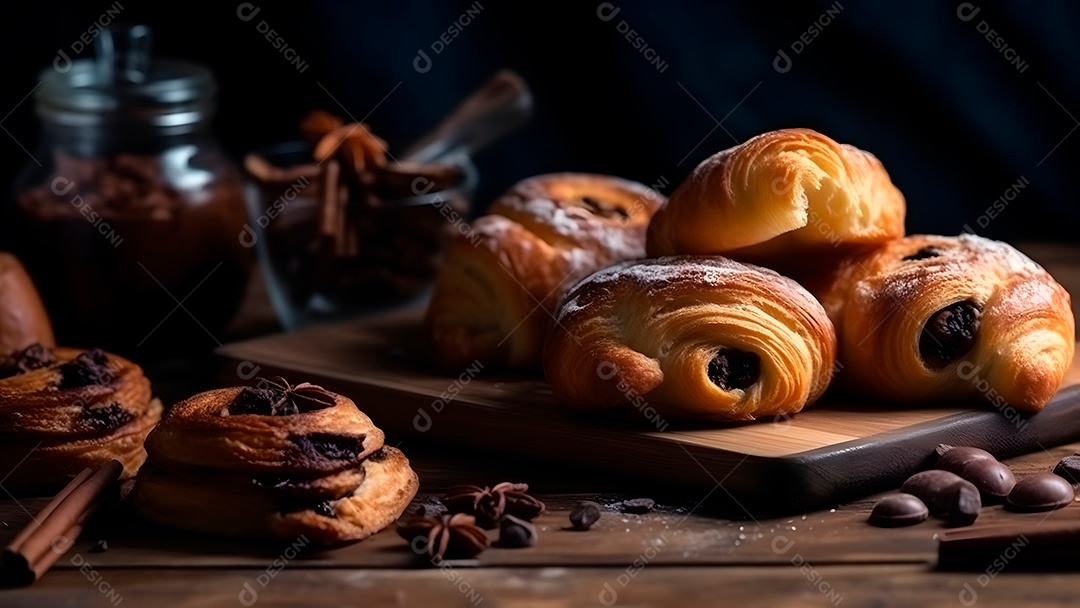 Croissant doce fresquinho, folhado, com chocolate, sobre uma tábua de madeira