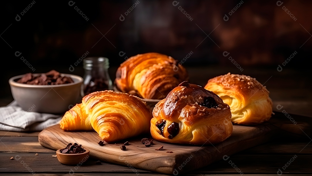Croissant doce fresquinho, folhado, com chocolate, sobre uma tábua de madeira