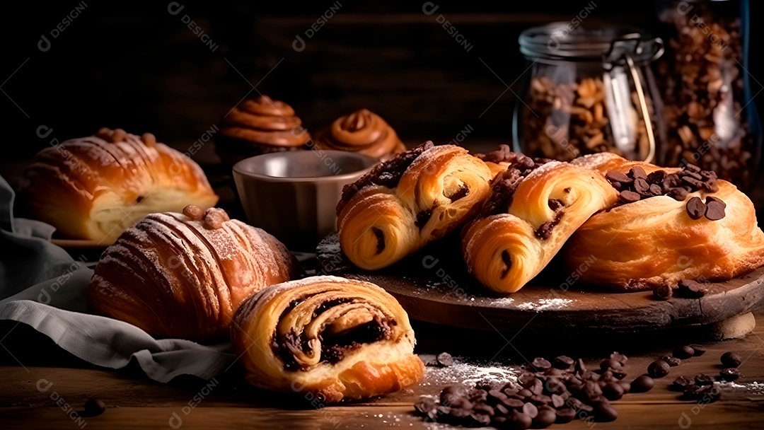 Croissant doce fresquinho, folhado, com chocolate, sobre uma tábua de madeira