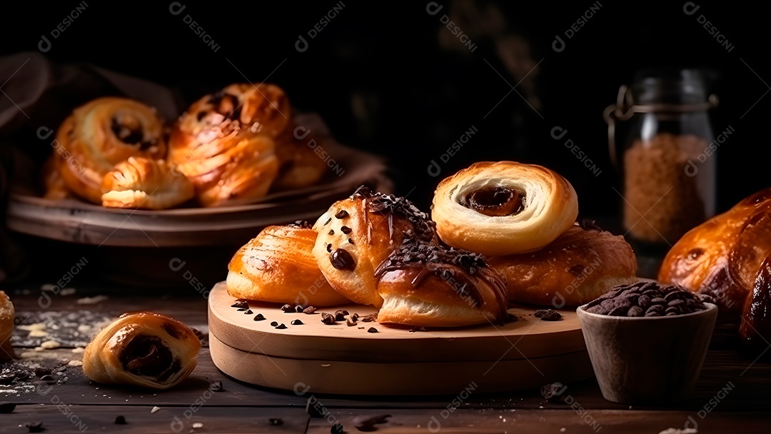 Croissant doce fresquinho, folhado, com chocolate, sobre uma tábua de madeira