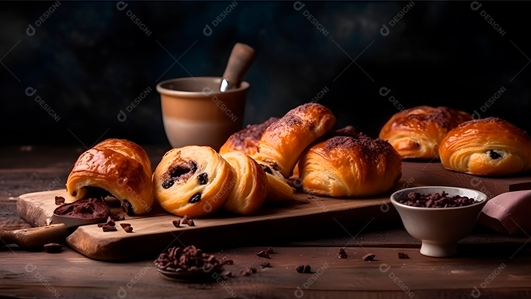 Croissant doce fresquinho, folhado, com chocolate, sobre uma tábua de madeira