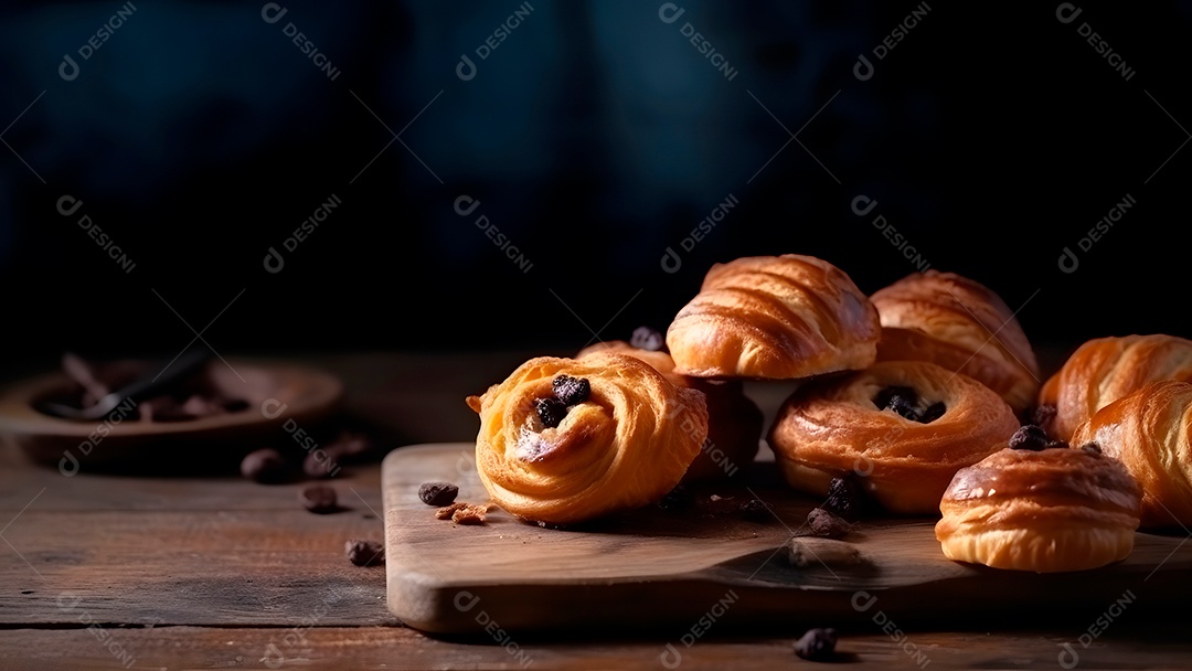 Croissant doce fresquinho, folhado, com chocolate, sobre uma tábua de madeira