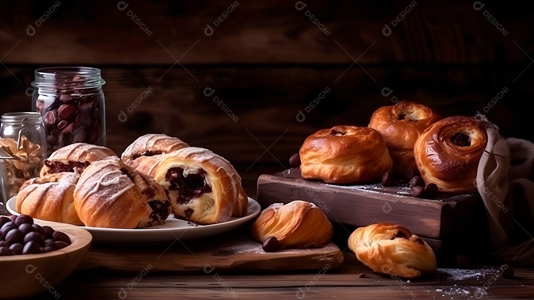 Croissant doce fresquinho, folhado, com chocolate, sobre uma tábua de madeira