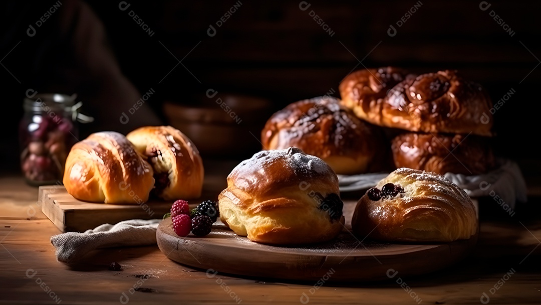 Croissant doce fresquinho, folhado, com chocolate, sobre uma tábua de madeira