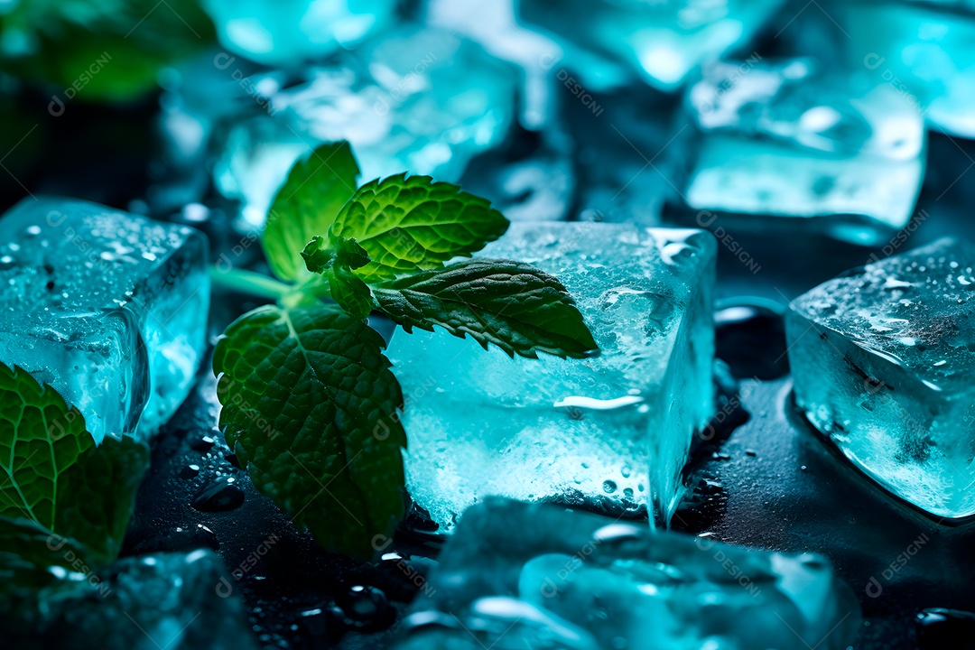 Cubos de gelo com folhas frescas de hortelã verde em close-up sobre fundo escuro.