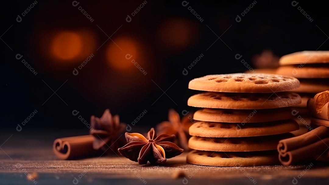 Visão aproximada de uma pilha de biscoitos de canela natalinos.