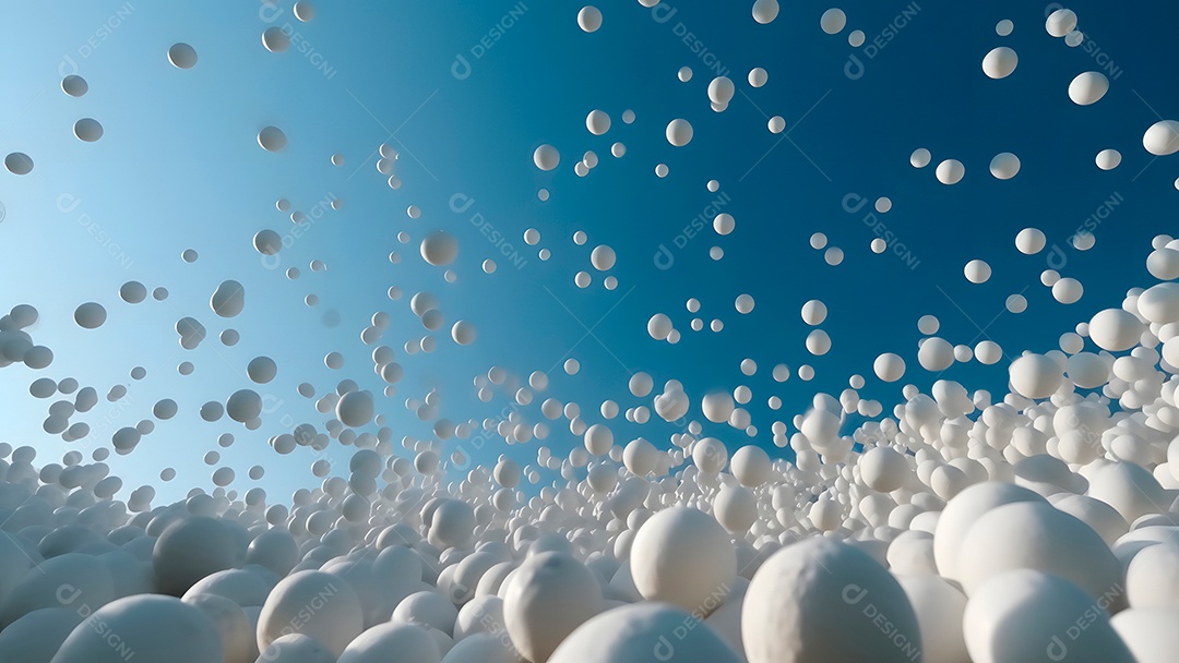 Muitas bolas brancas macias sobre fundo de céu azul, papel de parede minimalista.