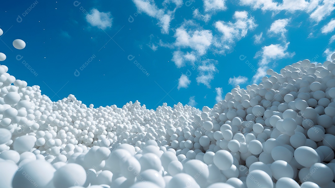 Muitas bolas brancas macias sobre fundo de céu azul, papel de parede minimalista.