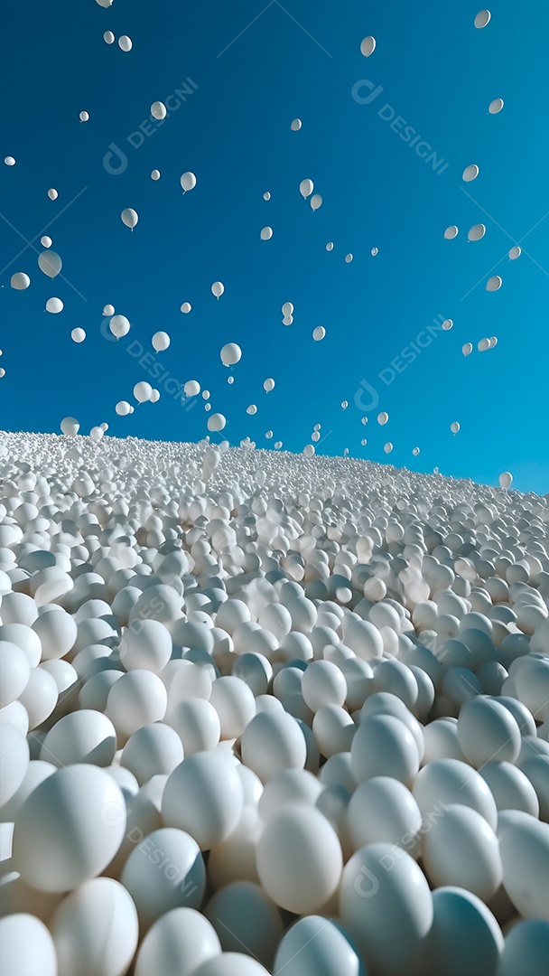 Muitas bolas brancas macias sobre fundo de céu azul, papel de parede minimalista.