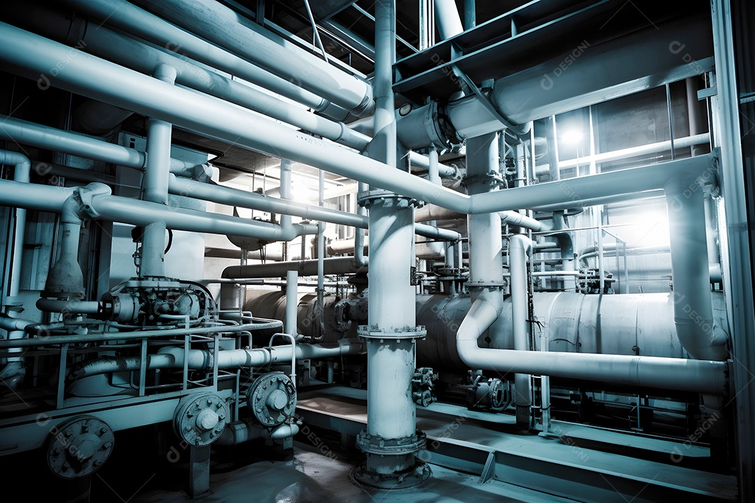 Tubulação de equipamentos dentro de uma refinaria química moderna.