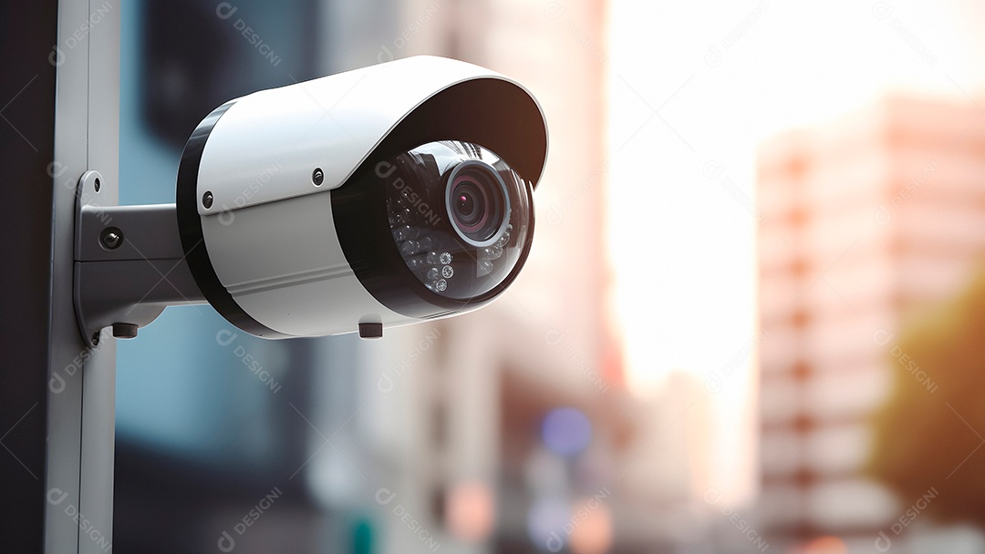 Câmera de CFTV moderna em uma rua da cidade, close-up com foco seletivo durante o dia.