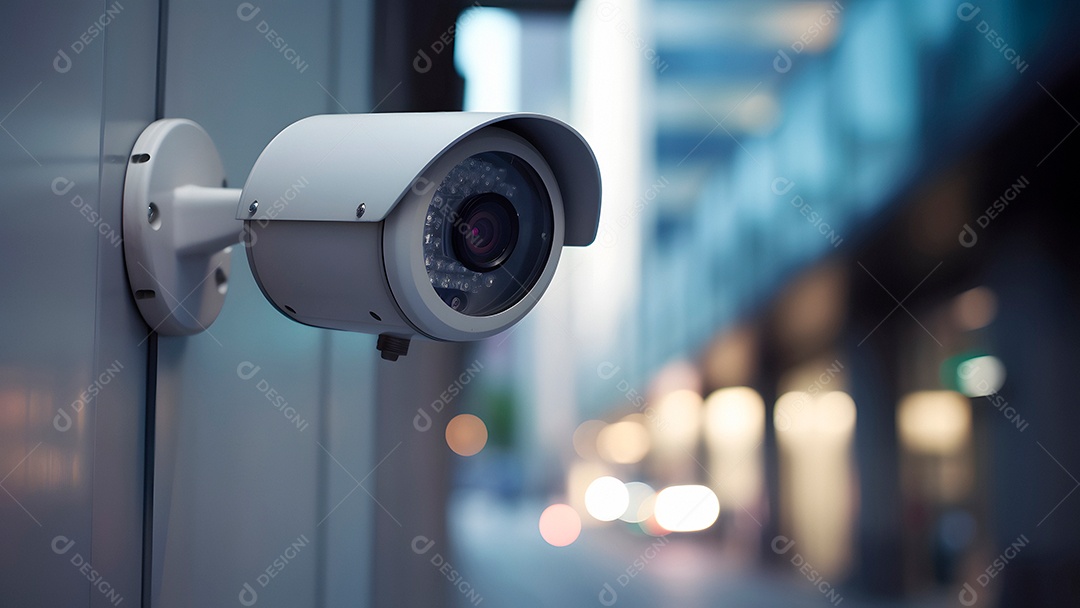 Câmera de CFTV moderna em uma rua da cidade, close-up com foco seletivo durante o dia.