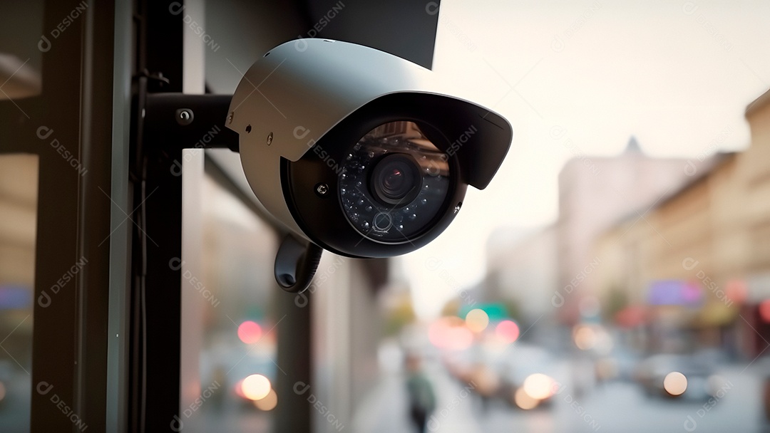 Câmera de CFTV moderna em uma rua da cidade, close-up com foco seletivo durante o dia.