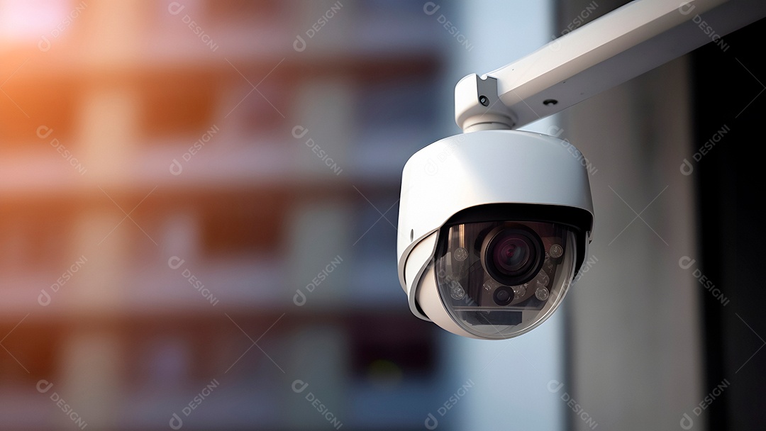 Câmera de CFTV moderna em uma rua da cidade, close-up com foco seletivo durante o dia.