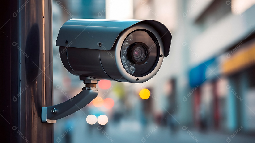 Câmera de CFTV moderna em uma rua da cidade, close-up com foco seletivo durante o dia.