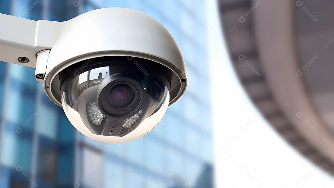 Câmera de CFTV moderna em uma rua da cidade, close-up com foco seletivo durante o dia.