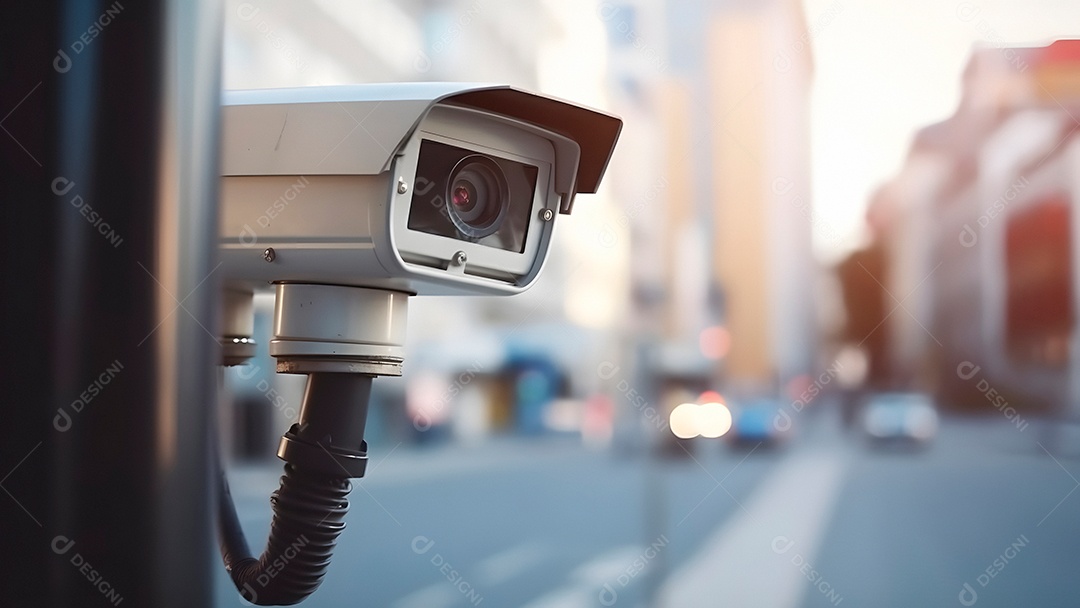 Câmera de CFTV moderna em uma rua da cidade, close-up com foco seletivo durante o dia.