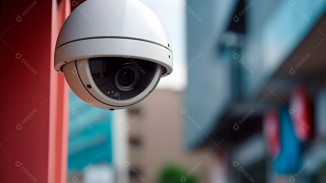 Câmera de CFTV moderna em uma rua da cidade, close-up com foco seletivo durante o dia.