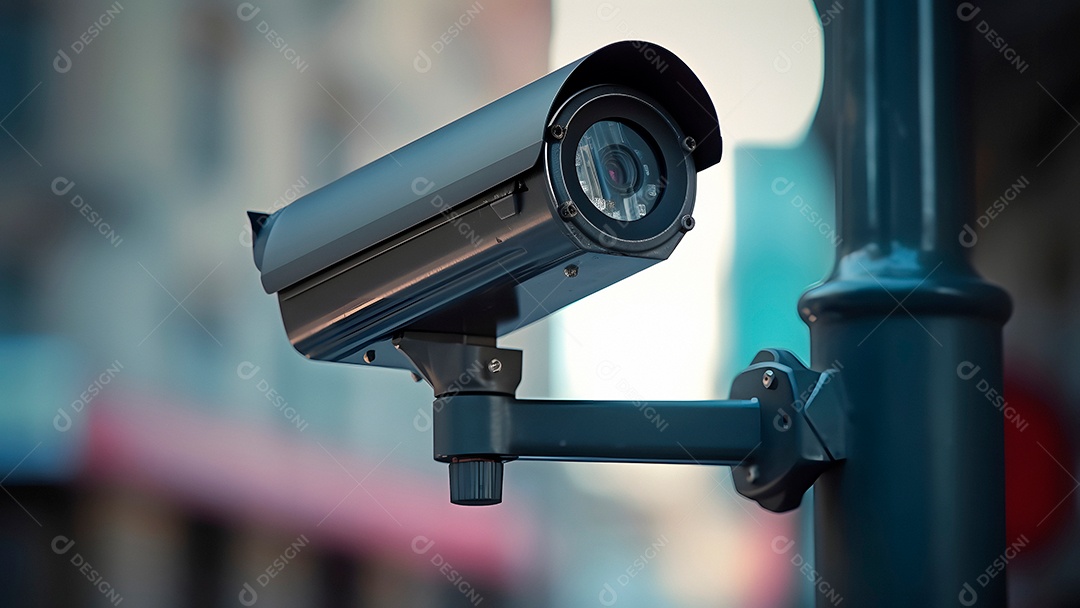 Câmera de CFTV moderna em uma rua da cidade, close-up com foco seletivo durante o dia.