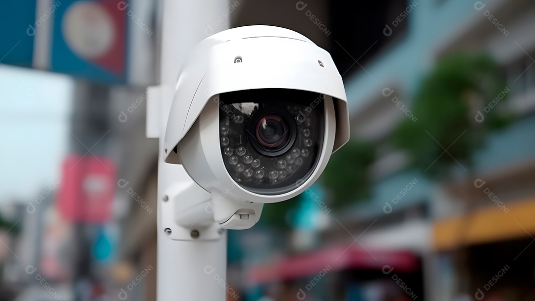 Câmera de CFTV moderna em uma rua da cidade, close-up com foco seletivo durante o dia.