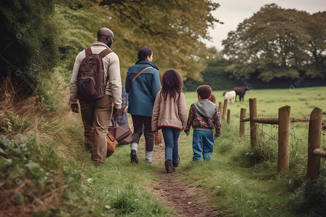 Família diversificada em fazenda de verão sob a luz do dia.