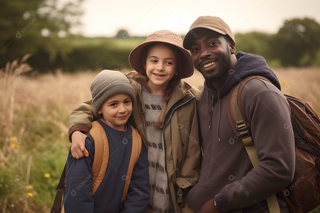 Família diversificada em fazenda de verão sob a luz do dia.