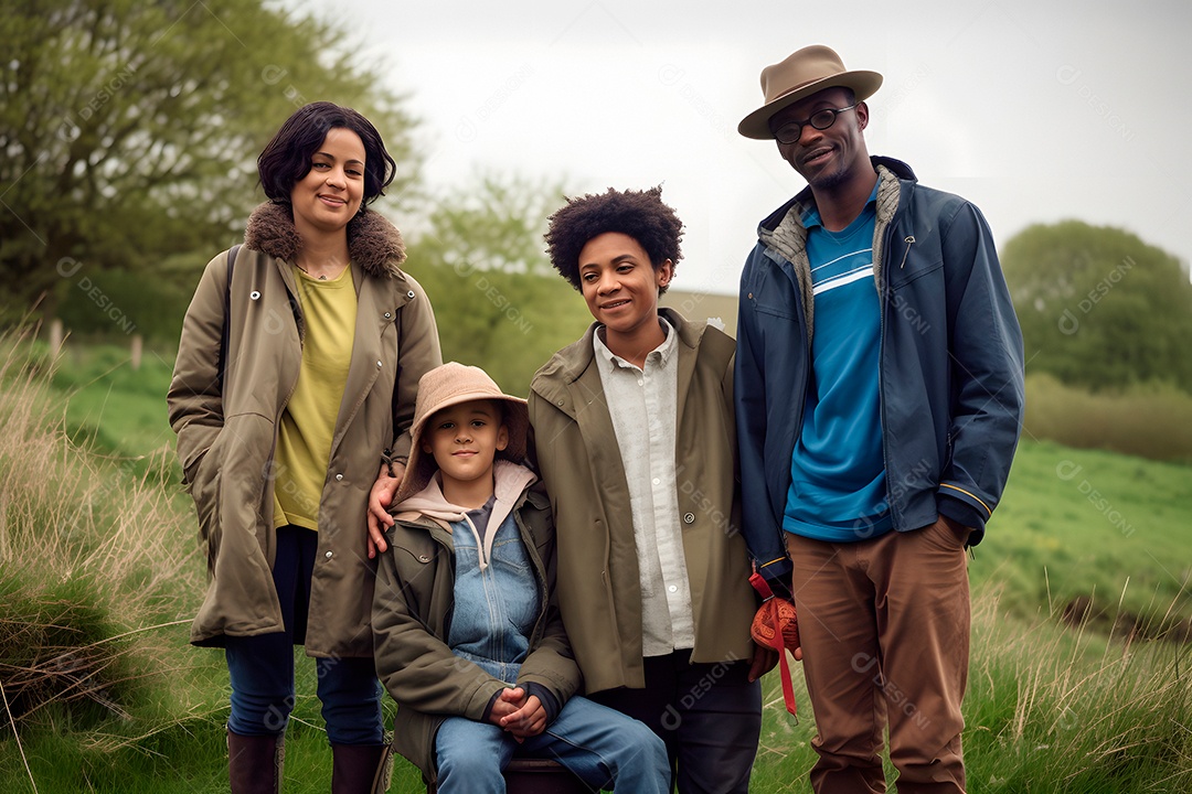 Família diversificada em fazenda de verão sob a luz do dia.