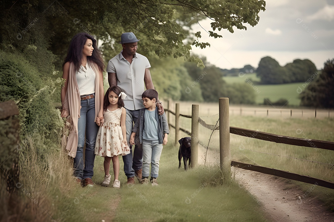 Família diversificada em fazenda de verão sob a luz do dia.