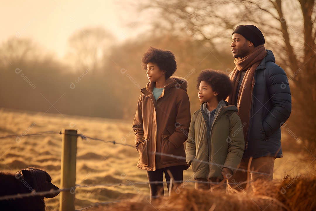 Família diversificada em fazenda de verão sob a luz do dia.