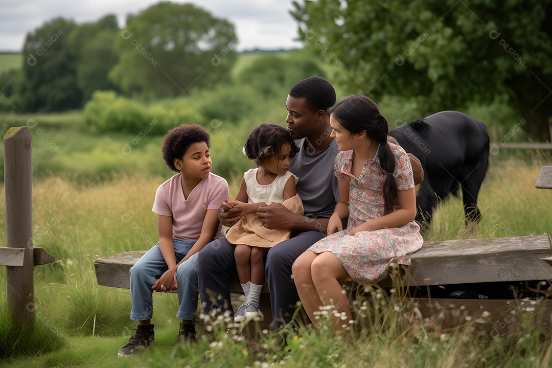 Família diversificada em fazenda de verão sob a luz do dia.
