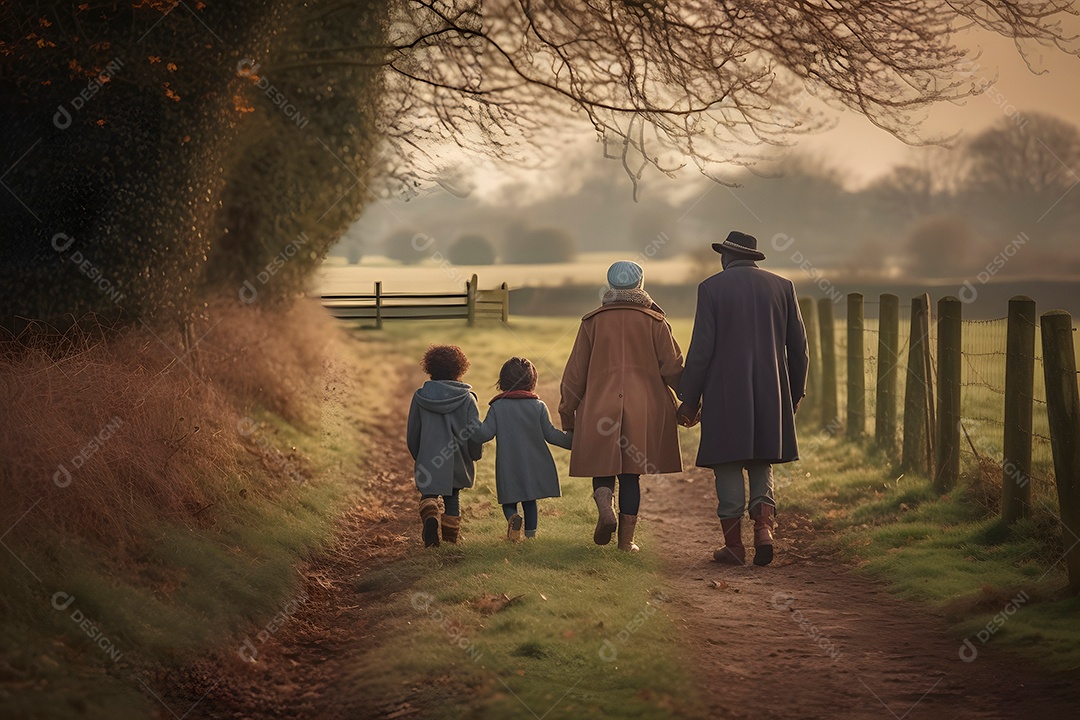 Família diversificada em fazenda de verão sob a luz do dia.