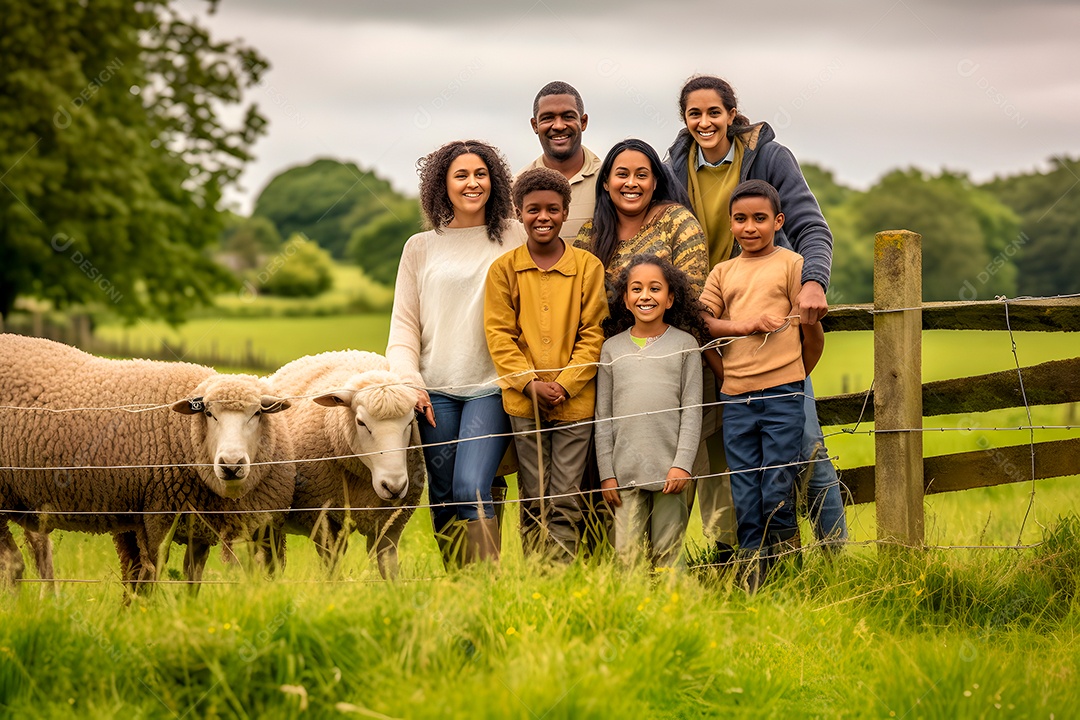 Família diversificada em fazenda de verão sob a luz do dia.