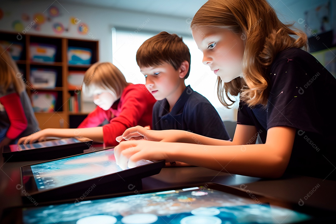 Crianças em sala de aula usando tablets durante o processo educacional, fotorrealista.