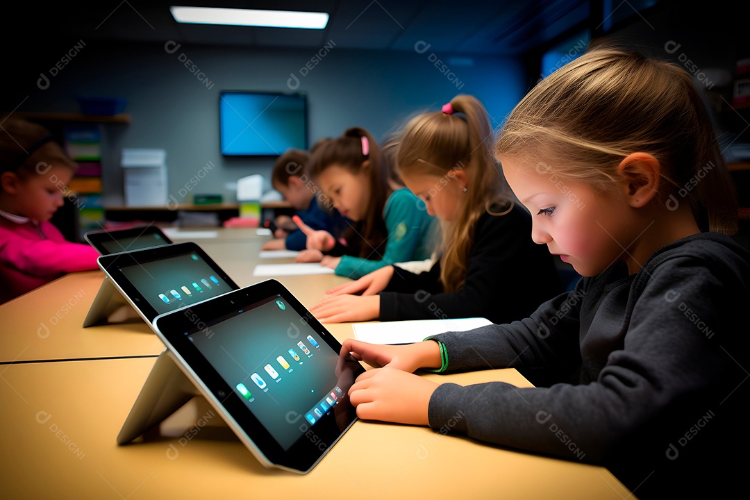 Crianças em sala de aula usando tablets durante o processo educacional, fotorrealista.