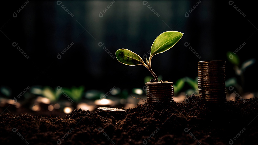 Planta e dinheiro crescendo em pilhas de moedas