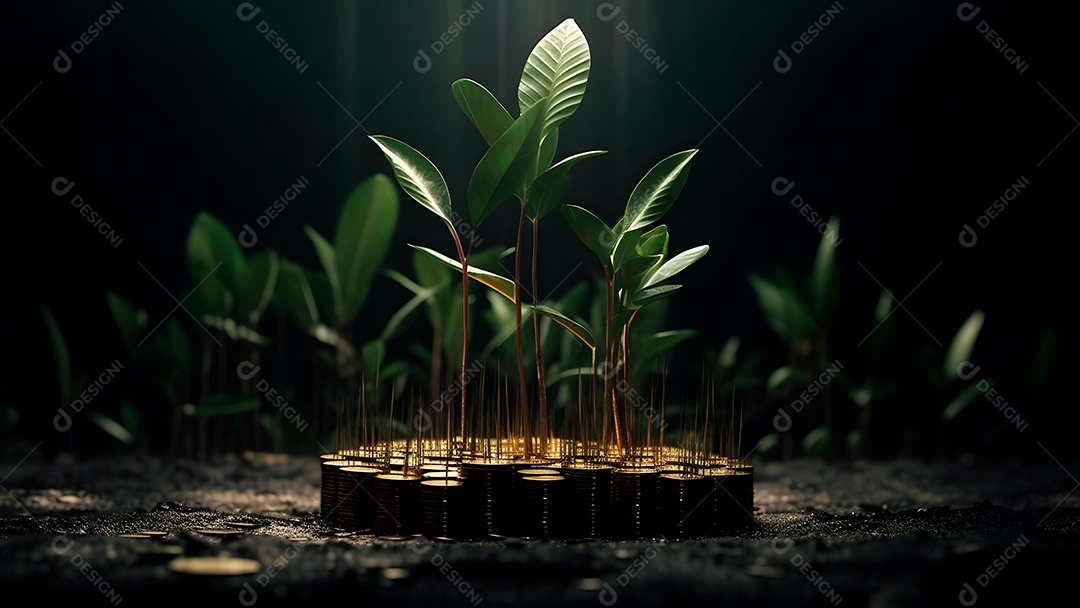 Planta e dinheiro crescendo em pilhas de moedas