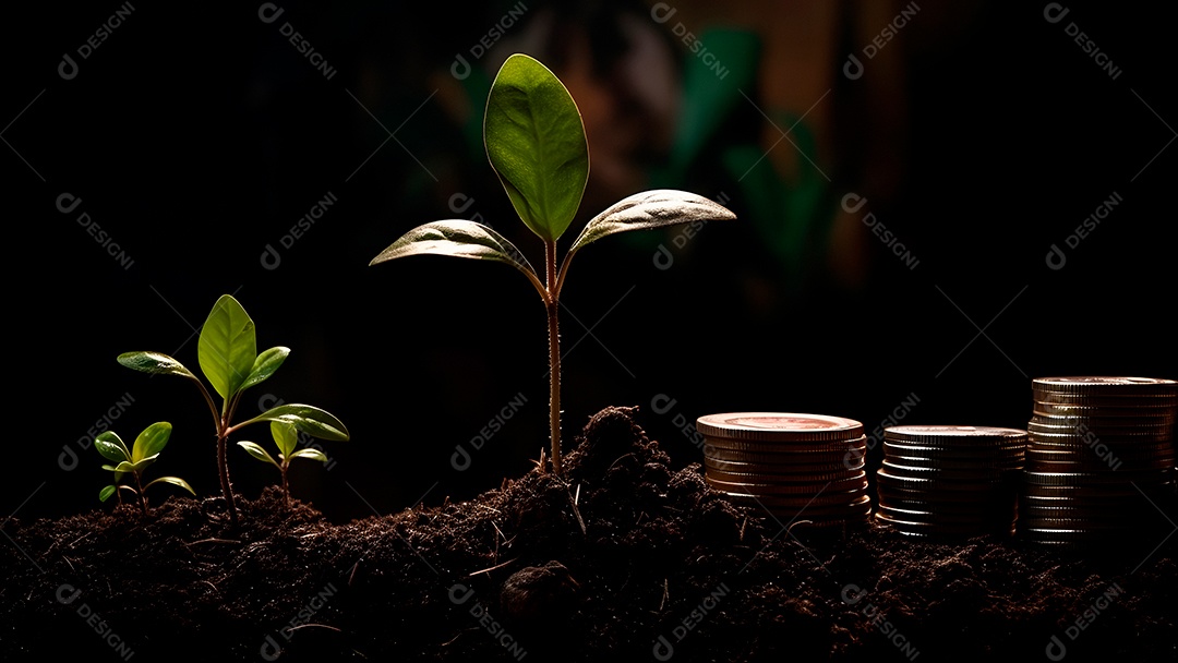 Planta e dinheiro crescendo em pilhas de moedas