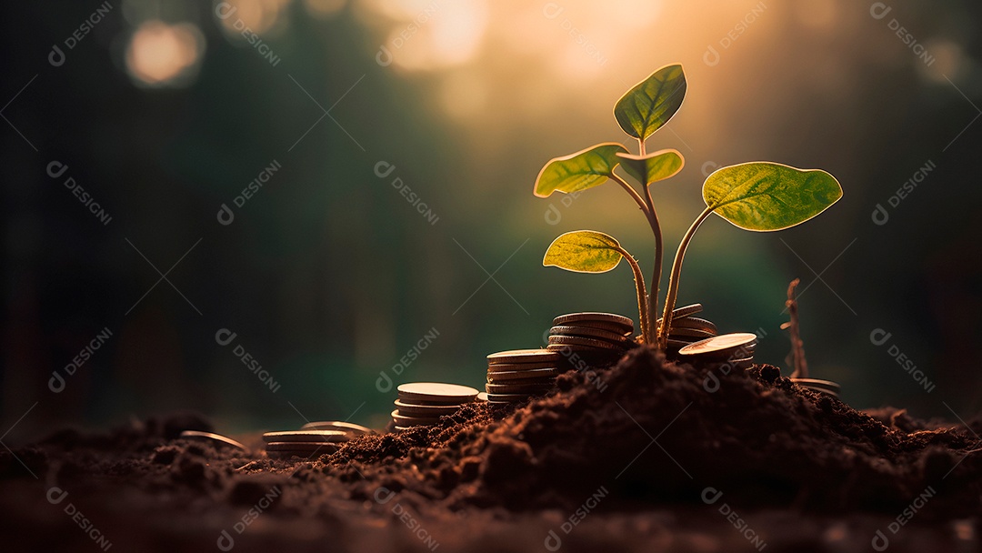 Planta e dinheiro crescendo em pilhas de moedas