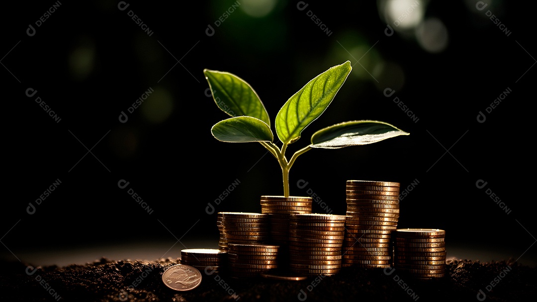Planta e dinheiro crescendo em pilhas de moedas