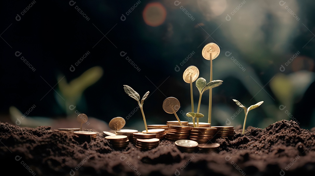 Planta e dinheiro crescendo em pilhas de moedas
