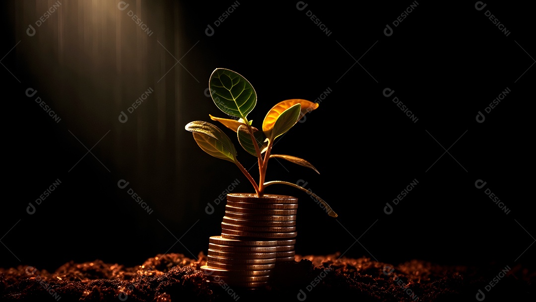 Planta e dinheiro crescendo em pilhas de moedas